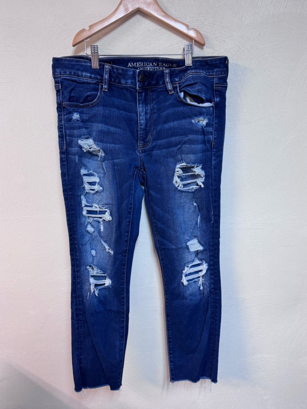 American Eagle Outfitters Jegging Crop Distressed Raw Hem Blue Medium Wash 12